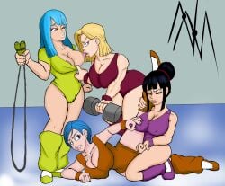 4girls 80's_theme android_18 ass big_ass big_breasts big_butt big_lips biting_nipple black_eyebrows black_eyelashes black_eyeliner black_eyes black_hair black_makeup blue_eyebrows blue_eyes blue_hair breasts brown_clothes brown_clothing bulma_briefs chichi clothed clothing digital_drawing_(artwork) digital_media_(artwork) dragon_ball dragon_ball_z eyebrows eyelashes eyeliner female female_only grabbing_breast green_clothes green_clothing group gym hair half-closed_eyes leotard light-skinned_female light_skin lips long_hair looking_at_another looking_back looking_pleasured makeup maron milf multiple_girls narrowed_eyes nekomajinsama nipples ohareola one_eye_closed pleasure_face pleasured purple_clothes purple_clothing red_clothes red_clothing simple_background sportswear tribadism workout_clothes yellow_eyebrows yellow_hair yuri