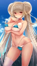 areola_slip areolae arm_under_breasts azur_lane bangs big_bun bikini blue_bikini blush braid breasts brown_hair cleavage collarbone covered_nipples double_bun eyebrows_visible_through_hair female formidable_(azur_lane) formidable_(the_lady_of_the_beach)_(azur_lane) highres large_breasts long_hair looking_at_viewer md5_mismatch mega_bun micro_bikini navel official_alternate_costume outdoors parted_lips red_eyes resolution_mismatch sideboob sigma_rio single_thighhigh sky solo source_smaller standing swimsuit thighhighs thighs underboob very_long_hair white_legwear