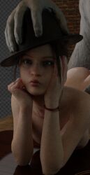 1girls 1monster 3d capcom claire_redfield colored cute fedora hand_on_head hands_on_face monster mr_x nude puckered_lips resident_evil resident_evil_2 resident_evil_2_remake size_difference stephanie23 straight tagme tyrant