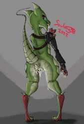 2022 anthro anus ass biped blue_eyes bodily_fluids claws cum cum_inside digital_media_(artwork) evamal_(soulwing98) female genital_fluids genitals gesture green_body green_scales heel_claw hi_res kobold pawpads prosthetic prosthetic_limb pussy raised_tail rear_view red_eyes red_pawpads scales scalie solo soulwing98 teasing toe_claws v_sign wide_hips