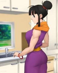 1girls ass_in_dress big_breasts chichi china_dress curvy dragon_ball dragon_ball_z female female_only flytrapxx fully_clothed kitchen light-skinned_female light_skin milf solo surprised tight_clothing tight_dress