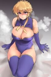 1girls absurd_res artoria_pendragon artoria_pendragon_(lancer) blonde_hair blue_eyes breasts cleavage fate_(series) female female_only gloves hi_res large_breasts leotard sitting solo thighhighs thighs wide_hips yotahen