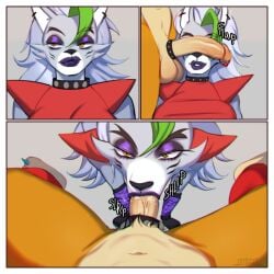 1girls :>= anthro balls blowjob blowjob_face bodily_fluids breasts canid canine canis cant_see_the_haters choker clothing deep_blowjob digital_media_(artwork) duo ear_piercing erection eye_contact eyelashes fellatio female five_nights_at_freddy's five_nights_at_freddy's:_security_breach genital_fluids genital_piercing genitals glamrock_freddy_(fnaf) green_hair hair hi_res hoop imminent_oral kneeling makeup male male/female male_penetrating mammal oral oral_sex penetration penile penis penis_piercing piercing pov pulred purple_eyeshadow purple_fur purple_lipstick roxanne_wolf_(fnaf) scottgames seductive_eyes seductive_mouth simple_background smug smug_face sucking two_tone_hair unseen_male_face ursid video_games white_hair wolf yellow_eyes