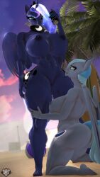 3d_(artwork) absurd_res alicorn anthro anthrofied big_breasts blue_body blue_feathers breasts digital_media_(artwork) equid equine feathers female female/female friendship_is_magic genitals hasbro hi_res horn huge_breasts kneeling mammal my_little_pony naughty_cube nipples nude princess_luna_(mlp) pussy thick_thighs wings