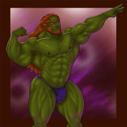 abs biceps bodybuilder bulge flaccid ganondorf green_skin hyrule_warriors male_only muscular_male nintendo nipples orange_eyes pecs posing purple_thong red_hair solo solo_male the_legend_of_zelda thedarkdjin