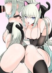 absurdres all_fours animal_ears ass bangs bikini black_bikini black_legwear blonde_hair blush braid breasts cat_ears cat_tail censored cleavage collar eyebrows_visible_through_hair fate/grand_order fate_(series) fellatio female hasai_(mekkan) highres long_hair looking_at_viewer morgan_le_fay_(fate) multiple_views open_mouth oral penis ponytail pussy_juice sweatdrop swimsuit tail thighhighs tongue tongue_out very_long_hair