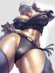 1girls abs angel_(kof) belly_button blue_eyes bob_cut cameltoe cleavage fingerless_gloves king_of_fighters kisuu large_breasts plump_lips short_hair solo toned_belly toned_female toned_stomach voluptuous white_hair