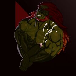 bara boner cum_on_body ejaculation erection flexing_arms ganondorf ganondorf_(hyrule_warriors) green_skin hyrule_warriors male_only muscular_male nintendo nude pecs penis pleasure_face red_hair shadow solo solo_male the_legend_of_zelda thedarkdjin