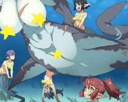 >_< 5girls :d areolae black_hair blue_hair breasts censored closed_mouth colored_skin commentary english_commentary female grey_skin large_breasts medium_hair mermaid mershark monster_girl multicolored_skin multiple_girls open_mouth original personification pointy_ears ponytail purple_hair red_hair remora scar shark_girl sharp_teeth size_difference smile star_censor teeth two-tone_skin underwater vins-mousseux white_skin yellow_eyes