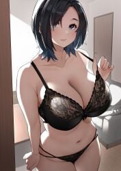 1girls bare_arms bare_shoulders big_breasts black_bra black_hair blue_eyes blush bra bra_pull breasts cleavage couch female female_focus highres indoors large_breasts lingerie long_hair looking_at_viewer mature_female medium_hair milf navel original original_character sakuranotomoruhie underwear underwear_only veiny_breasts wife