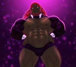 abs bara black_speedo bowtie bulge flaccid ganondorf green_skin hyrule_warriors looking_down_at_viewer male_only muscular_male nintendo orange_eyes red_hair solo solo_male stripper stripper_clothes the_legend_of_zelda thedarkdjin