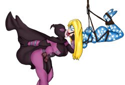 2girls ass ball_gag big_ass big_breasts big_butt big_lips bondage bound breasts clothed clothing digital_drawing_(artwork) digital_media_(artwork) duo empowered_(series) female female_only femdom femsub gag gagged helpless kissing lips looking_at_another nekomajinsama open_mouth rope rope_bondage simple_background superheroine suspension suspension_bondage tied_up tongue tongue_out yuri