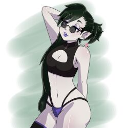 ass big_ass dark_hair elf_ears flat_chest goth goth_girl gothic green_hair light-skinned_female light_skin makeup original_character patreon pointy_ears sucremay thick_ass thick_thighs thighhighs thighs