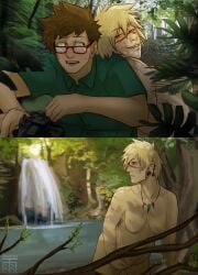 1boy 1girls alternate_universe assertive_female bakugou_masaru bakugou_mitsuki big_belly biting_lip biting_own_lip breasts camera face_paint fantasy_au female forest glasses husband_and_wife jungle jungle_girl male/female married_couple masaru_bakugou mature_female mitsuki_bakugou mother my_hero_academia naked naked_female nature nature_background nude nude_female pregnancy pregnant pregnant_belly pregnant_female scars shy smirk straight wilderness woods