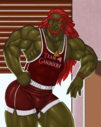 bara bulge flaccid ganondorf ganondorf_(hyrule_warriors) green_skin hyrule_warriors looking_back male_only muscular_thighs nintendo nipples pecs posing red_hair solo solo_male the_legend_of_zelda thedarkdjin wrestling_outfit