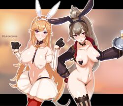 2girls animal_ears areola_slip areolae artist_name asymmetrical_legwear azur_lane black_gloves black_heart_pasties black_pasties blonde_female blush breasts brown_hair brown_jacket commentary_request cropped_jacket detached_collar detached_sleeves female gloves half_gloves heart_pasties high_ponytail holding holding_tray jacket jean_bart_(azur_lane) large_breasts long_hair medal meme_attire multiple_girls orange_hair pasties purple_eyes rabbit_ears red_gloves red_legwear reverse_bunnysuit reverse_outfit richelieu_(azur_lane) shiny shiny_skin skirt striped striped_legwear thighhighs tray uneven_legwear very_long_hair white_heart_pasties white_pasties white_skirt zukanosuke