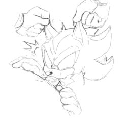 anthro arrow_hearted balls bodily_fluids cum cum_in_mouth cum_inside disembodied_penis duo ear_pull face_fucking fellatio genital_fluids genitals low_res male male/male oral penis sega shadow_the_hedgehog sonic_(series) sonic_the_hedgehog_(series)