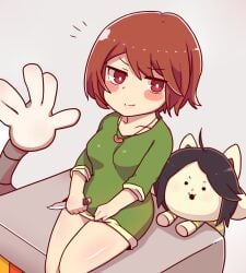 brown_hair chara female goodbad963 green_shirt mettaton red_eyes short_hair temmie temmie_(undertale) undertale undertale_(series) white_skin