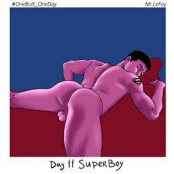 1boy ass balls conner_kent dc dc_comics kon-el laying_on_bed male male_only mr._le_fay onebutt_oneday_2022 superboy tattoos teen_boy