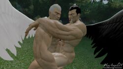 black_hair bryan_fury drooling erection gay hexangel21 holding_leg looking_at_viewer nude outside scar tekken tongue_out white_hair wings