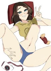 belly_button blue_eyes blue_panties brown_hair camera cute fit fit_female flashing flashing_breasts fortnite fortnite:_battle_royale hat laying_down laying_on_back laying_on_bed nipple_bulge panties peace_sign skye_(fortnite) slim stomach