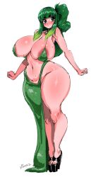 1girls absurd_res breasts cleavage daphne_dress dress female female_only gausscannon green_hair hi_res large_breasts original solo thick_thighs thighs white_background wide_hips