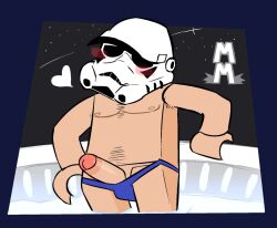 blush body_hair chest_hair clothing erection genitals heart hot_tub human human_only lego lego_star_wars looking_at_viewer male male_only mammal naughtybassard nipples not_furry penis pubes solo star_wars stormtrooper swimwear torquewintress