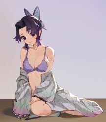 black_hair bra butterfly_hair_ornament cleavage demon_slayer female female_only haori jason_kim jasonkim kimetsu_no_yaiba kochou_shinobu looking_at_viewer medium_breasts off_shoulder purple_bra purple_eyes purple_hair sitting smile solo two_tone_hair