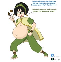 1girls avatar_the_last_airbender belly big_belly black_hair breasts cleavage clothing earth_kingdom female female_focus large_breasts maiesio_phil nickelodeon pregnant solo_female speech_bubble toph_bei_fong underboob