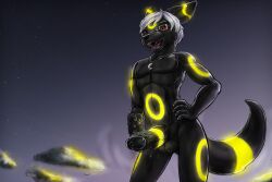 anthro balls black_body black_fur canid canine city_destruction destruction digital_drawing_(artwork) digital_media_(artwork) eeveelution eiffel_tower eyewear fur genitals giga_macro gigatiger glasses glowing glowing_body headgear hi_res larger_anthro macro male male_only mammal micro moonlight_(ramsusxiii) muscular muscular_anthro nintendo nude pokémon_(species) pokemon red_eyes size_difference solo umbreon video_games