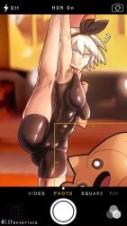 1girls ass_visible_through_thighs bea_(pokemon) big_ass big_breasts hitmontop legs_up one_leg_up pokémon_(species) pokemon pokemon_ss short_hair thighs