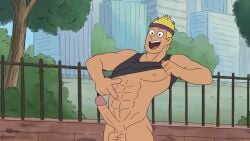 1boy abs balls bandana belly_button big_penis blonde_hair bottomless cartoon_network detailed_background drawfag edit erection genitals human male_only muscular muscular_male nipples pecs penis presenting presenting_penis screenshot screenshot_edit showing_off smiling solo_male tan_body tan_skin tank_top testicles unknown_character we_bare_bears