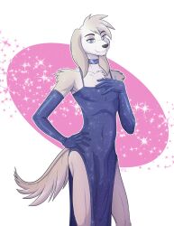 2022 5_fingers anthro armwear bedroom_eyes black_nose bulge canid canine canis clothed clothing conditional_dnp crossdressing digital_media_(artwork) domestic_dog dress elbow_gloves evening_gown eyeshadow fingers fur furry furry_only genital_outline girly gloves handwear hi_res hunting_dog kadath kadath_universe makeup male male_only mammal narrowed_eyes navel_outline nipple_outline penis_outline saluki sebastian_(kadath) seductive sighthound smile solo tail white_body white_fur