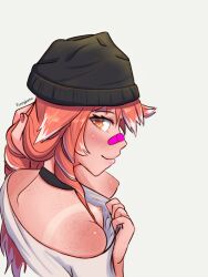 bandaid bandaid_on_nose beanie blush breasts brown_eyes choker female flashing fox_ears fox_girl freckles long_hair looking_at_viewer looking_back nail_polish nipples original plain_background poppytart red_hair shirt shirt_lift small_breasts smile solo tanlines tira_(poppytart)