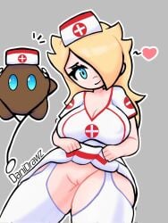 blonde_hair danidrawz heart imminent_sex luma mario_(series) nintendo nurse nurse_cap nurse_uniform polari princess_rosalina smile super_mario_galaxy teal_eyes white_stockings