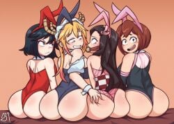 4girls ass ass_focus ass_grab ass_to_ass big_ass big_butt bit_gag black_hair blonde_hair blush brown_hair bunny_ears bunny_girl bunnysuit crossover demon_slayer female female_focus female_only horns kamado_nezuko kill_la_kill kimetsu_no_yaiba lineup long_hair looking_at_viewer looking_back matoi_ryuuko miss_kobayashi's_dragon_maid multiple_girls my_hero_academia ochako_uraraka quadruple_ass_focus semidraws short_hair sitting take_your_pick tohru_(dragon_maid)