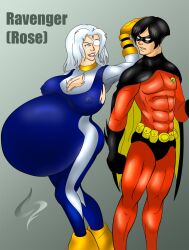 1boy 1girls batman_(series) belly big_belly big_breasts breasts cleavage cleavage_cutout dc dc_comics eyepatch female ggj2 huge_belly huge_breasts hyper_pregnancy large_belly male nipple_bulge nipple_outline pregnant ravager_(dc) robin_(dc) robin_(tim_drake) rose_wilson teen_titans tim_drake white_hair