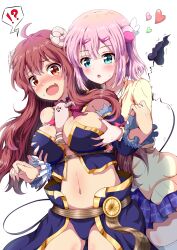 !? 2girls ahoge aqua_eyes blush breast_grab breasts chiyoda_momo cleavage demon_girl demon_horns demon_tail eggman_(pixiv28975023) female female_only grabbing grabbing_from_behind hair_ornament hairclip highres huge_ass large_breasts long_hair long_sleeves machikado_mazoku multiple_girls navel pink_hair red_eyes red_hair school_uniform short_hair simple_background surprised thighs white_background white_legwear yoshida_yuuko_(machikado_mazoku) yuri