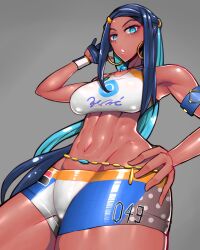 1girls alternate_breast_size big_breasts blue_eyes breasts busty curvaceous curves curvy curvy_body curvy_female curvy_figure dark-skinned_female dark_blue_hair dark_skin female female_focus huge_breasts large_breasts long_hair nessa_(pokemon) pokemon pokemon_ss shorts slim_waist voluptuous wolffeld wolffeld_price