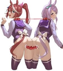 2girls absurdres animal_ears aqua_ribbon ass bar_censor black_legwear blue_eyes brown_hair censored chinese_commentary collar commentary_request dildo double_dildo ear_ribbon feipin_zhanshi from_behind hair_ribbon highres horse_ears horse_girl horse_tail leash long_hair long_sleeves looking_at_viewer looking_back mejiro_mcqueen_(umamusume) multicolored_hair multiple_girls object_insertion open_mouth pink_ribbon ponytail purple_eyes purple_hair red_collar ribbon school_uniform sex_toy simple_background streaked_hair tail thighhighs tokai_teio_(umamusume) tracen_school_uniform umamusume vaginal_object_insertion vaginal_penetration white_background white_hair yuri