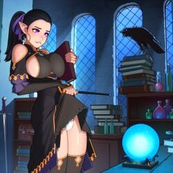 biting_lip black_hair dress_lift elf_ears hoop_earrings orb pointy_ears ponytail pulling_up_dress purple_eyes purple_ribbon ronindude skirt_lift wand witch