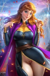 anna_(frozen) ayyasap blue_eyes breasts cape disney edited female frozen_(film) large_breasts leaves long_hair long_sleeves looking_at_viewer no_panties no_pants no_pubic_hair paipan pussy red_hair slim_waist smiling standing thick_thighs trees uncensored wide_hips