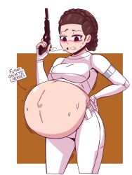 1girls belly big_belly big_breasts blush breasts brown_hair canon_pregnancy female female_focus female_only hand_on_hip padme_amidala pregnant solo_female star_wars strangerboy420 sweat