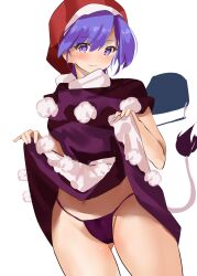 1girls :3 ass_visible_through_thighs bangs blue_hair blush cameltoe christmas_hat closed_mouth clothes_lift cowboy_shot doremy_sweet dress dress_lift eyebrows_visible_through_hair fujiko_(emnprmn) fundoshi hair_between_eyes hat japanese_clothes lifted_by_self looking_at_viewer navel nightcap panties pom_pom_(clothes) purple_dress purple_eyes purple_fundoshi red_headwear short_hair simple_background smile solo tagme touhou white_background