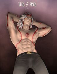 1boy abs arataki_itto armpits arms_behind_head arms_up black_jeans black_pants gay genshin_impact horns humanoid jeans long_hair_male male male_nipples male_only muscles oni oni_horns pants pecs red_eyes shirtless smooth_armpits smooth_body smooth_skinned_male solo tattoos topless topless_male white_hair