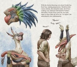 anthro beak breasts clothing dialogue dinosaur duo english_text feathers female hi_res human male male/female mammal oviraptor oviraptorid reptile scalie standing text theropod upai