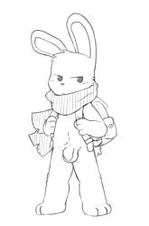 1boy angry backpack bunny cute flaccid flaccid_penis genitals male male_only monochrome oob original original_character rabbit rabbit_ears scarf serious sketch tagme white_background