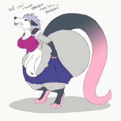 after_transformation animal_genitalia anthro ass big_breasts big_butt big_sheath breasts clothing clothing_too_small didelphid fully_sheathed futanari genitals gynomorph hi_res huge_butt huge_sheath hyper hyper_butt hyper_genitalia hyper_sheath intersex mammal marsupial min nipple_outline rochelle_(triprat) sheath solo spandex thick_thighs tight_clothing torn_clothing