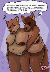 absurd_res annoyed anthro belly belly_squish big_belly big_breasts breasts canid canine canis conjoined domestic_dog duo female hi_res huge_breasts lonnyk mammal overweight overweight_female rubbing_pussy shower squish standing suds ursid