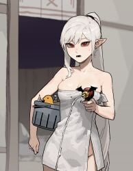 big_breasts cleavage elf_ears female female_only gogalking insact light_skin original pointy_ears red_eyes towel towel_wrap vampire_(gogalking) water water_gun wet